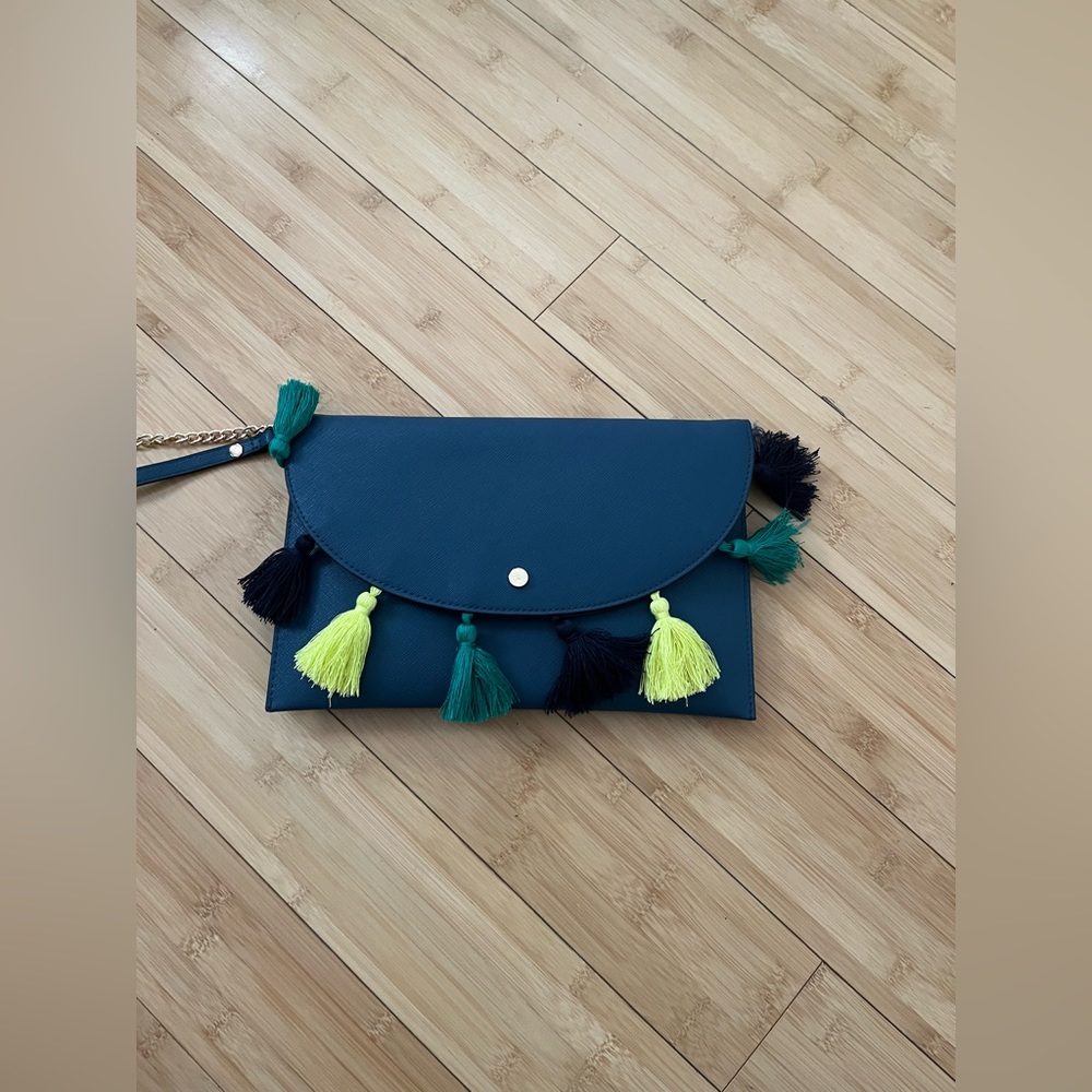 Blue clutch with removable shoulder strap